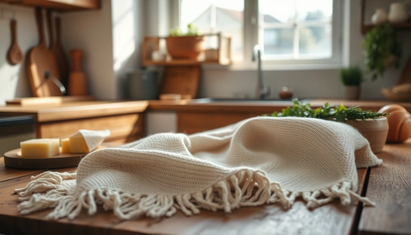 Kaasdoek met natuurlijke vezels op een rustieke tafel met keukenaccessoires.
