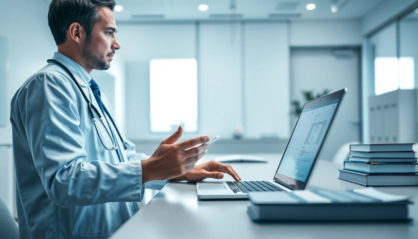 Illustration of benefits of electronic prescribing with a healthcare professional using e-prescribing software.