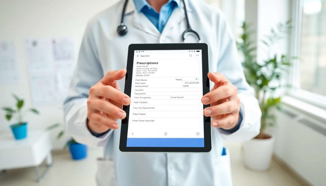 Streamlined e-prescription apps for ios interface shown on a tablet in a medical setting.